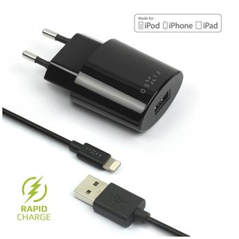 Set síťové nabíječky FIXED s USB výstupem a USB/Lightning kabelu, 1 metr, MFI certifikace, 12W, čern