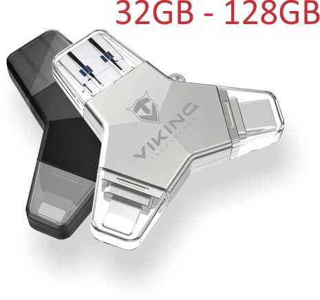Viking Usb Flash Disk 3.0 4V1 64Gb, S Koncovkou Apple Lightning, Usb-C, Micro Usb, Usb3.0, Černá