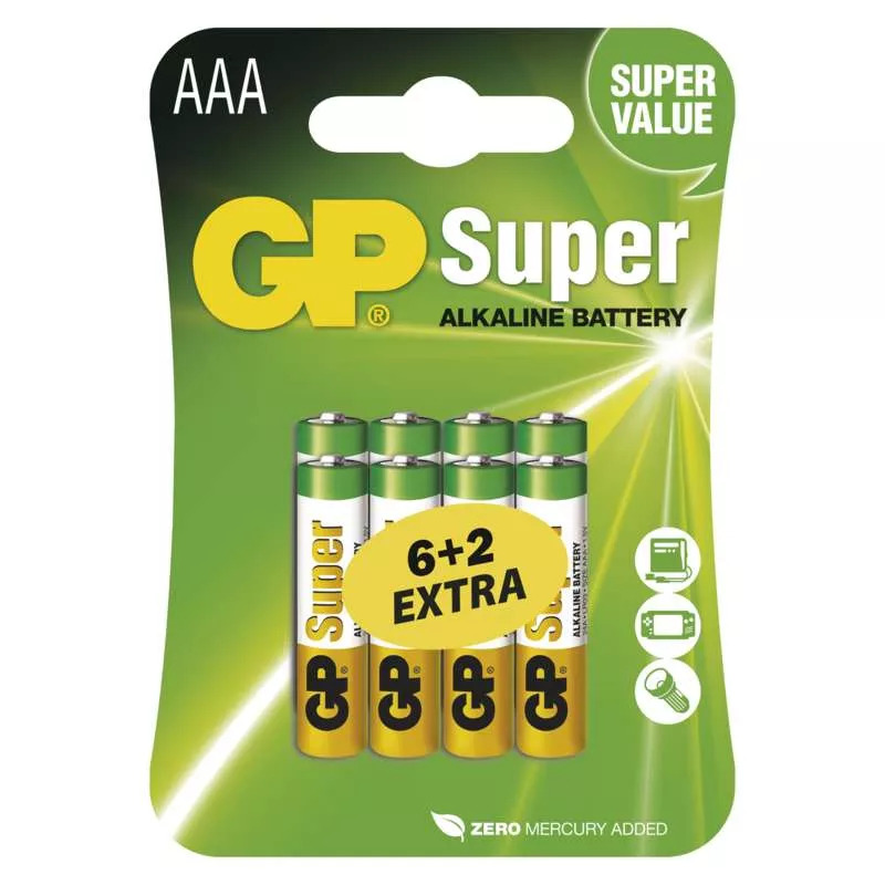 GP alkalická baterie SUPER AAA (LR03) 6+2BL