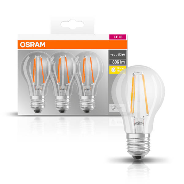 OSRAM LED Base CL A 60 7W/827 E27 FIL CL Box of 3