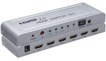 PremiumCord 4Kx2K@60Hz HDMI switch 5:1 kovov&#253; s d&#225;lkov&#253;m ovladačem a nap&#225;jec&#237;m adapt&#233;rem