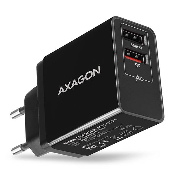 AXAGON ACU-QS24, QC &amp; SMART nab&#237;ječka do s&#237;tě 24W, 2x USB-A port, QC3.0/AFC/FCP + 5V/1.2A