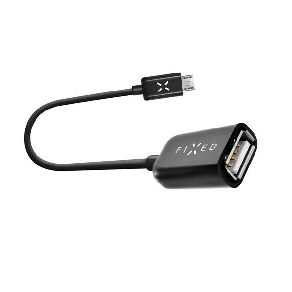 OTG datov&#253; kabel FIXED s konektory micro USB/USB (F), USB 2.0, 20 cm, čern&#253;