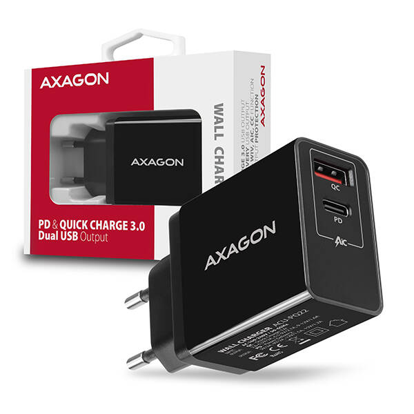AXAGON ACU-PQ22, PD &amp; QC nab&#237;ječka do s&#237;tě 22W, 2x port (USB-A + USB-C), PD3.0/QC3.0/AFC/FCP/Apple,