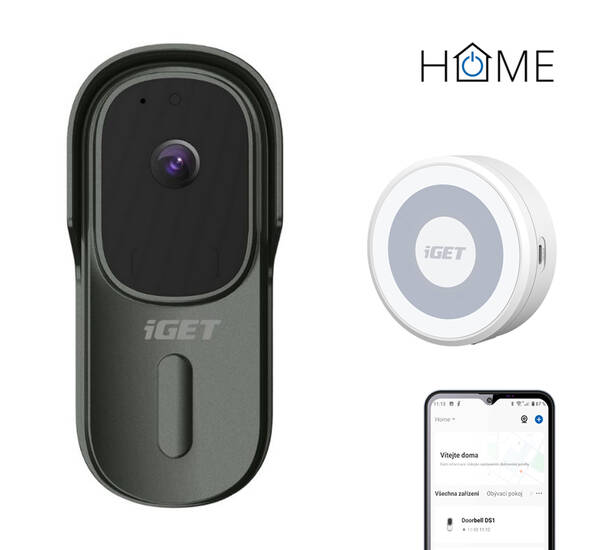 iGET HOME Doorbell DS1 Anthracite + CHS1 White - WiFi bateriov&#253; videozvonek, set s reproduktorem, CZ