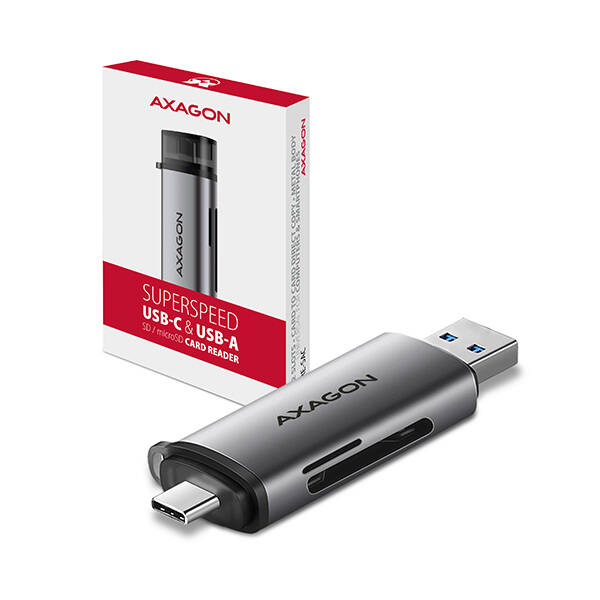 AXAGON CRE-SAC, USB3.2 Gen 1 Type-C + Type-A extern&#237; čtečka karet SD/microSD, podpora UHS-I