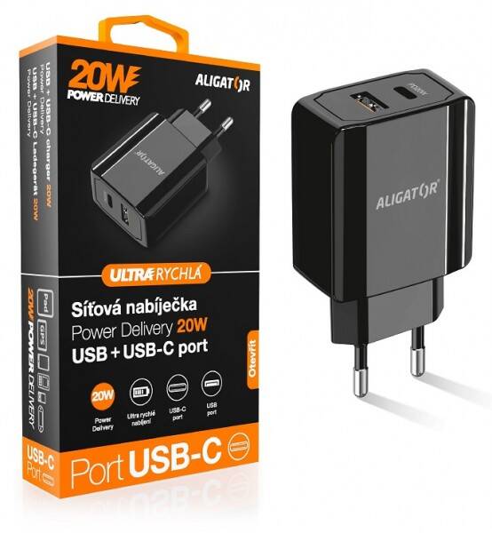  Aligator POWER DELIVERY 20W, USB + USB-C, čern&#225;