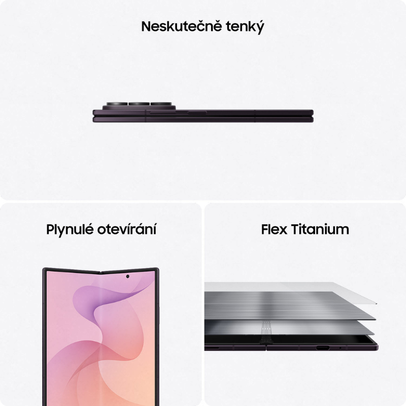 Ukázka ultra tenkého profilu, plynulého otevírání a konstrukce Flex Titanium u Samsung Galaxy Z Fold8 Ultra