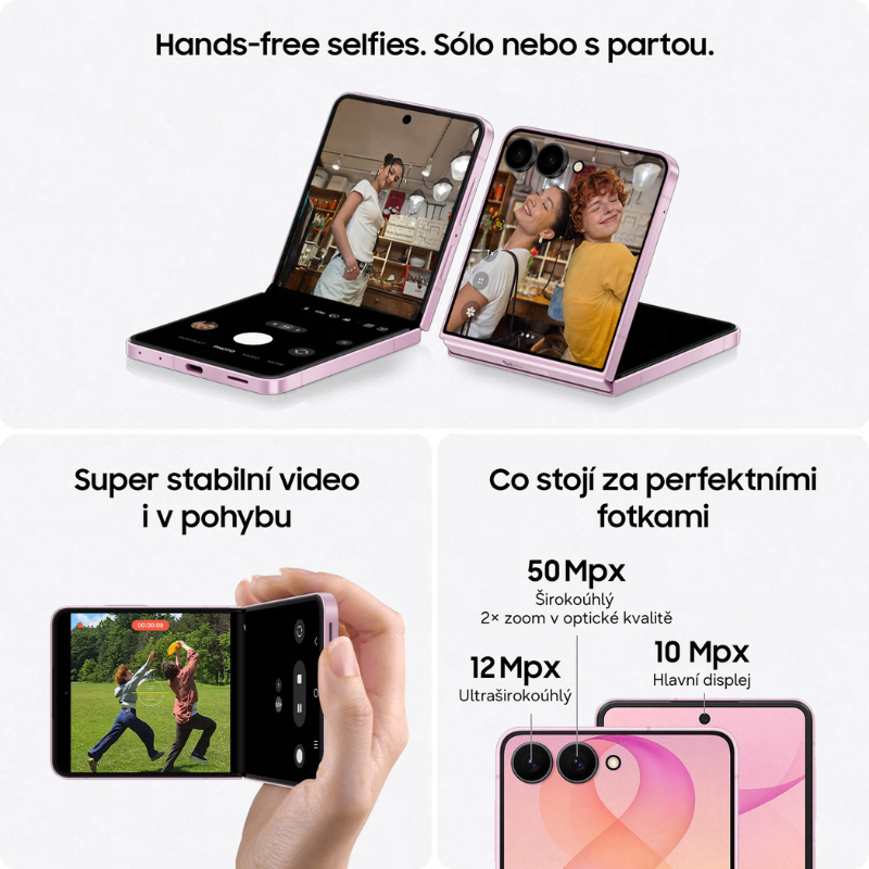 Ukázka hands-free selfie, super stabilního videa v pohybu a specifikace fotoaparátu Samsung Galaxy Z Flip8
