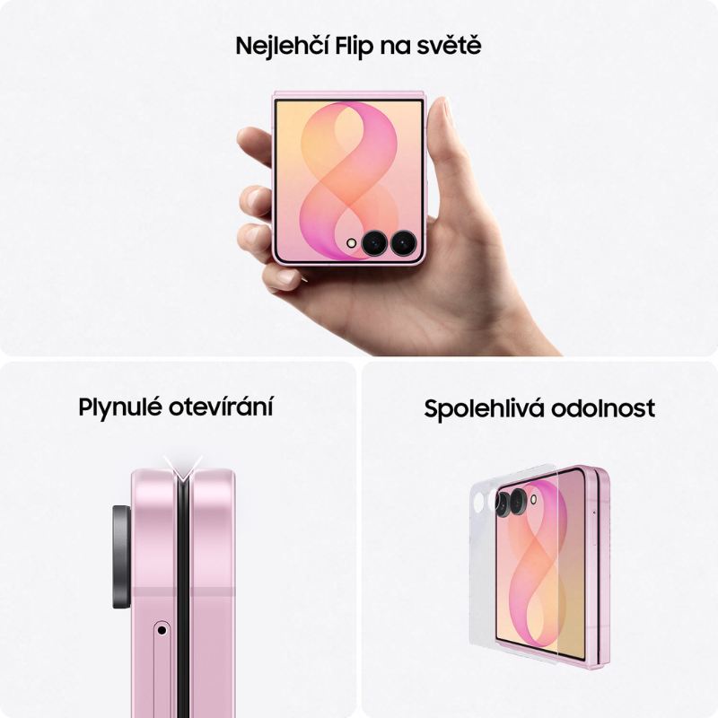 Kompaktní telefon Samsung Galaxy Z Flip8 v dlaní, detail plynulého otevírání kloubu a spolehlivé odolnosti