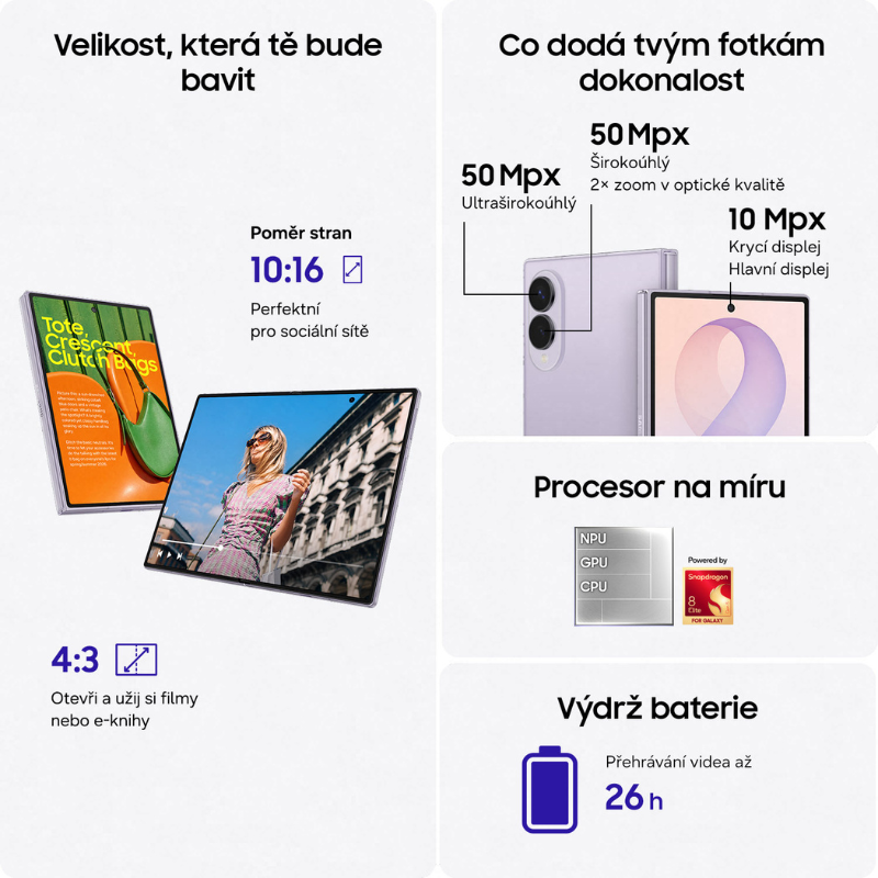 Přehled poměrů stran displeje 10:16 a 4:3, rozlišení fotoaparátu a výdrže baterie Samsung Galaxy Z Fold8