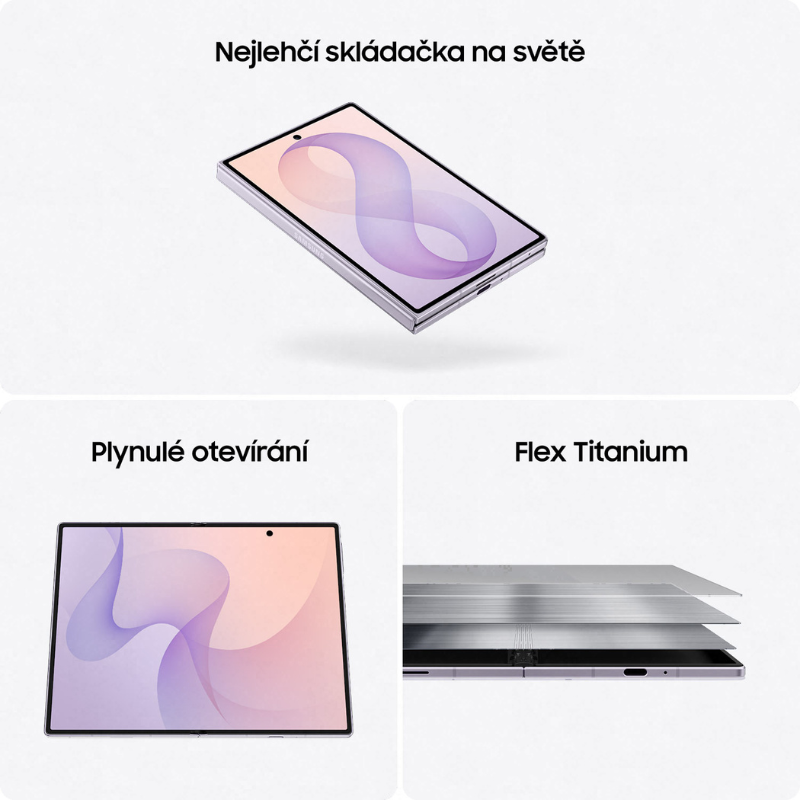 Ukázka lehkého těla, plynulého otevírání displeje a vrstvené konstrukce Flex Titanium u Samsung Galaxy Z Fold8