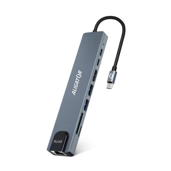 Šedá hliníková dokovací stanice Aligator USB-C Hub 8v1