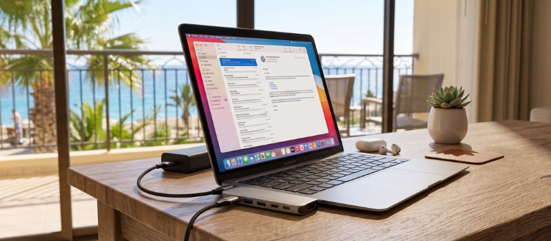 Pracovní sestava s notebookem zapojeným do USB-C hubu na dřevěném stole s výhledem na slunný balkón a moře